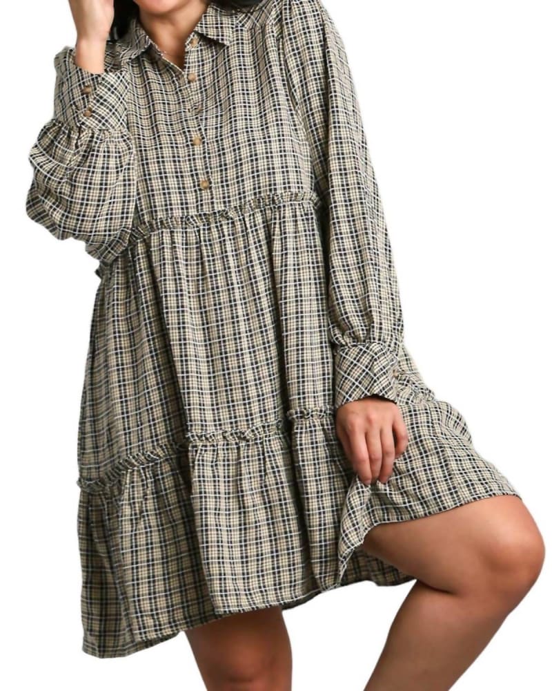 Front of a model wearing a size 2XL Sunday Drives Plaid Dress In Black in Black by CURVY GIRL. | dia_product_style_image_id:342379